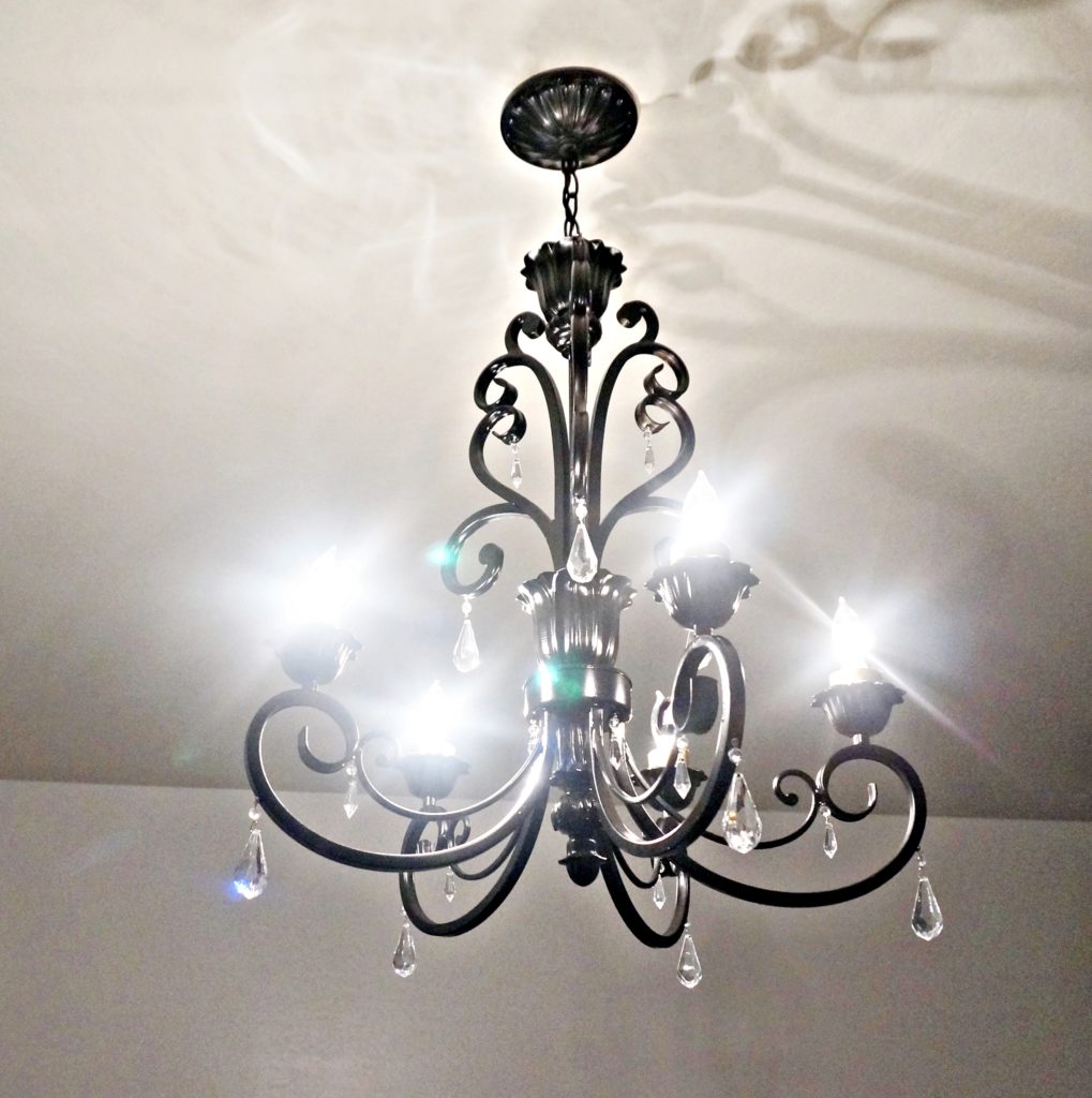 The Dollhouse Garage decor using re-purposed chandelier