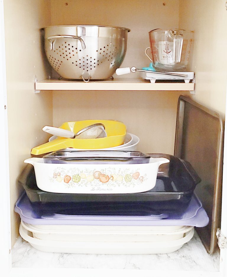 baking pan and mixing bowl cabinet organization