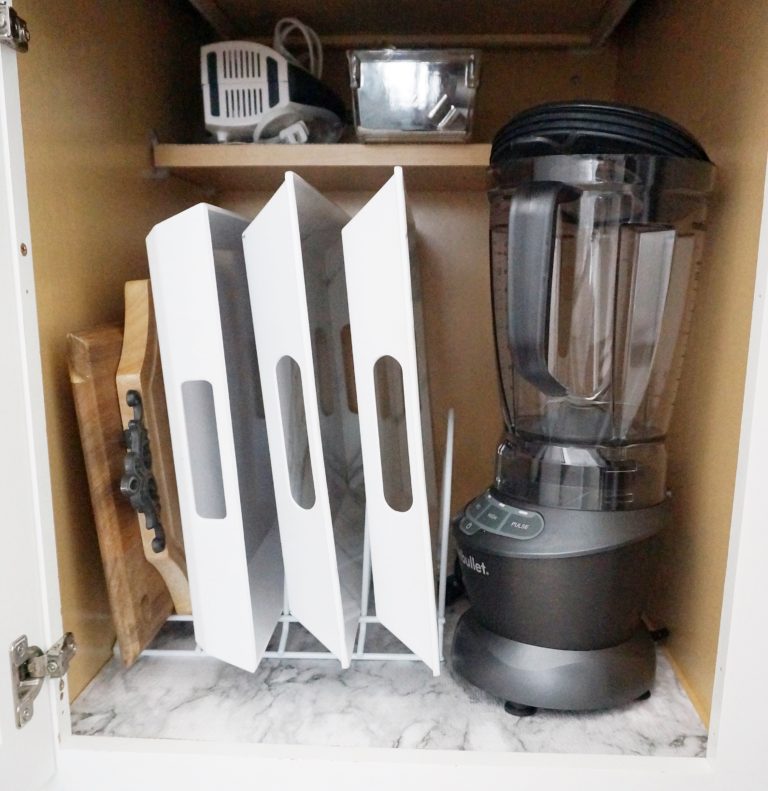 mixer, blendder, cutting board and tray cabinet organization