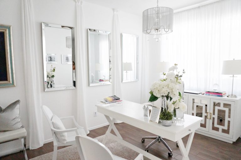 all white home office at the queen's quarters