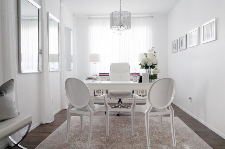 all white home office at the queen's quarters